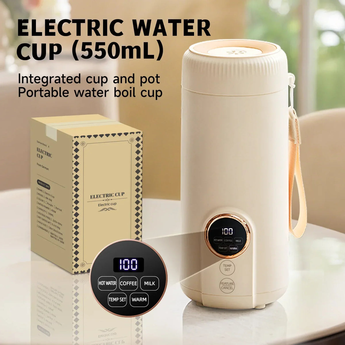 Reisewasserkocher 550 ml mit Temperaturanzeige